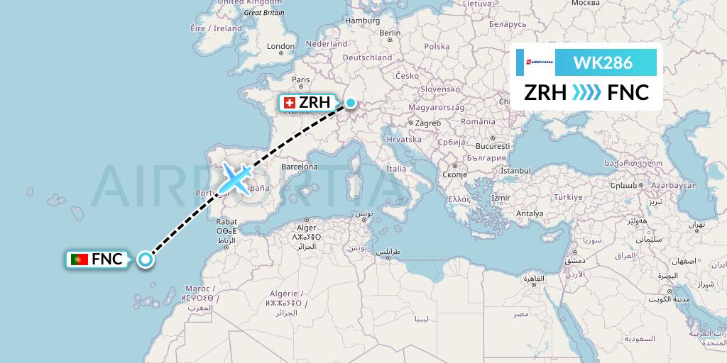 WK286 Edelweiss Air Flight Map: Zurich to Funchal