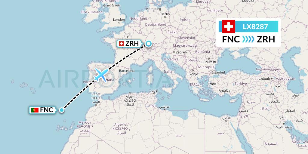 LX8287 Swiss Flight Map: Funchal to Zurich