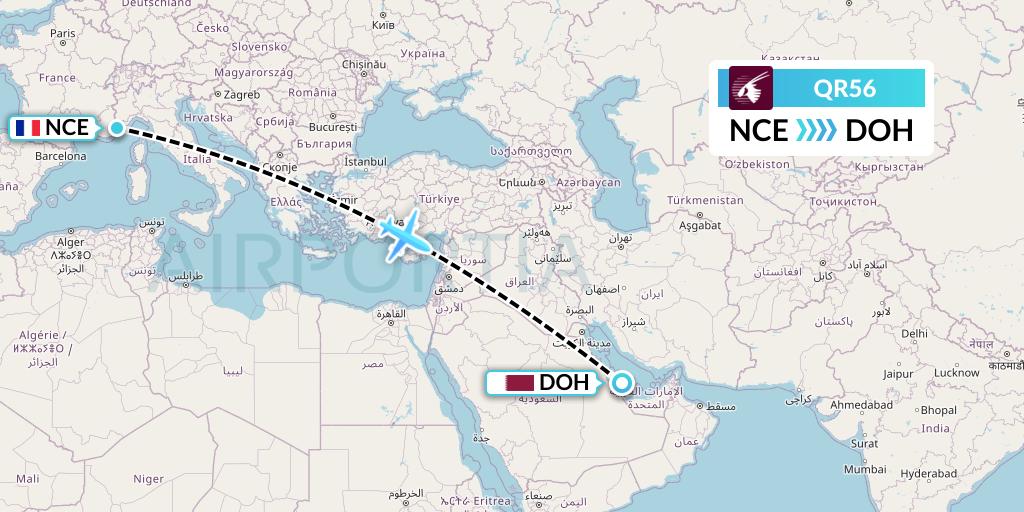 QR56 Qatar Airways Flight Map: Nice to Doha