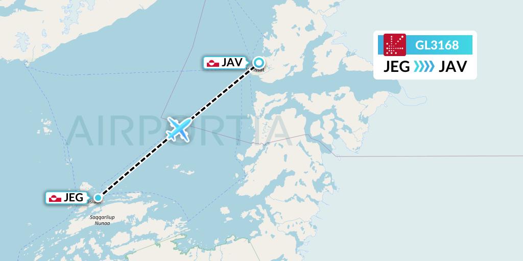 GL3168 Air Greenland Flight Map: Aasiaat to Ilulissat