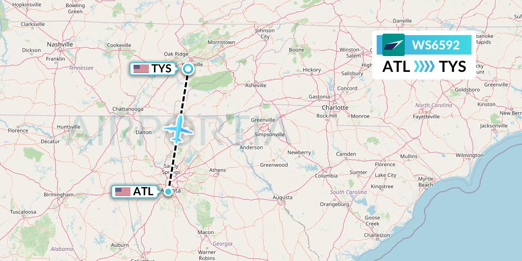 WS6592 WestJet Flight Map: Atlanta to Knoxville