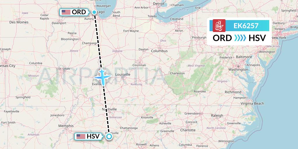 EK6257 Emirates Flight Map: Chicago to Huntsville