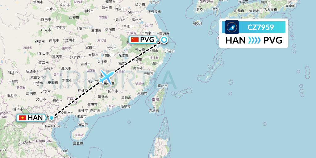 CZ7959 China Southern Airlines Flight Map: Hanoi to Shanghai