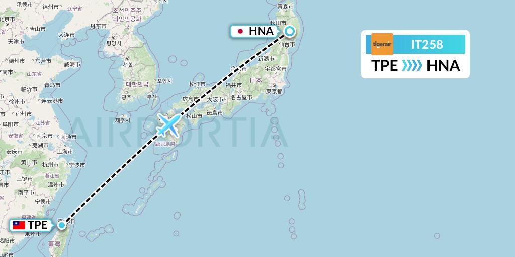 IT258 Tigerair Taiwan Flight Map: Taipei to Hanamaki
