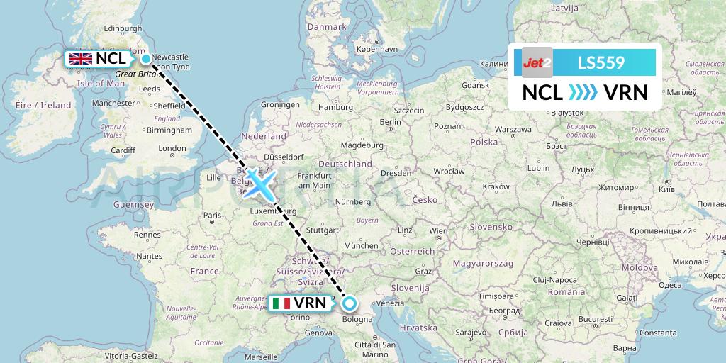 LS559 Jet2 Flight Map: Newcastle to Verona