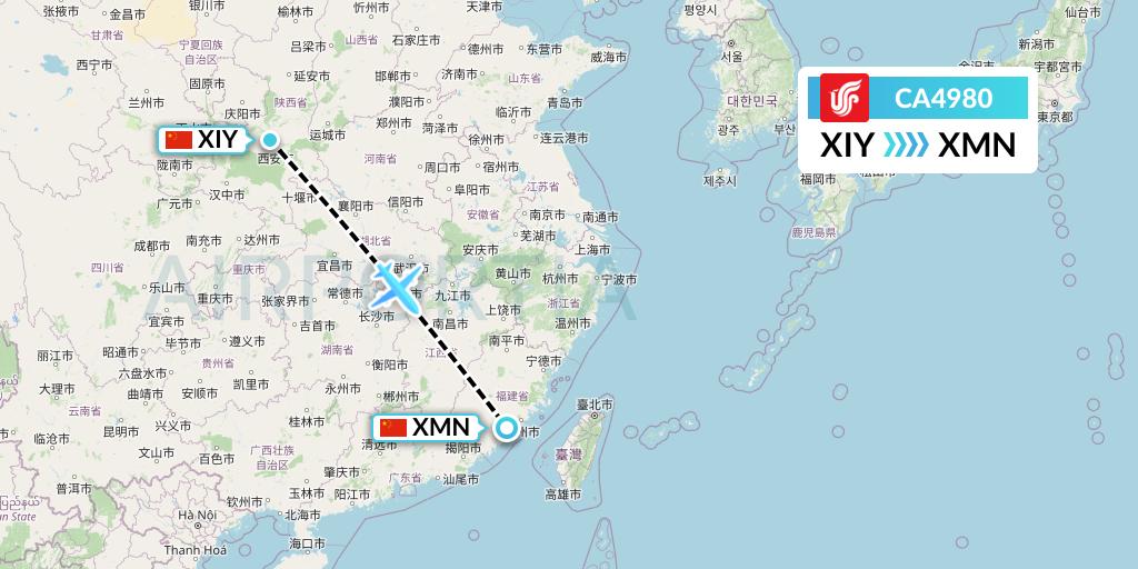 CA4980 Air China Flight Map: Xi'an to Xiamen