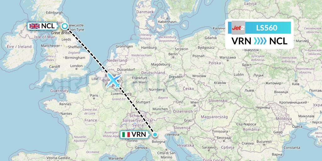LS560 Jet2 Flight Map: Verona to Newcastle