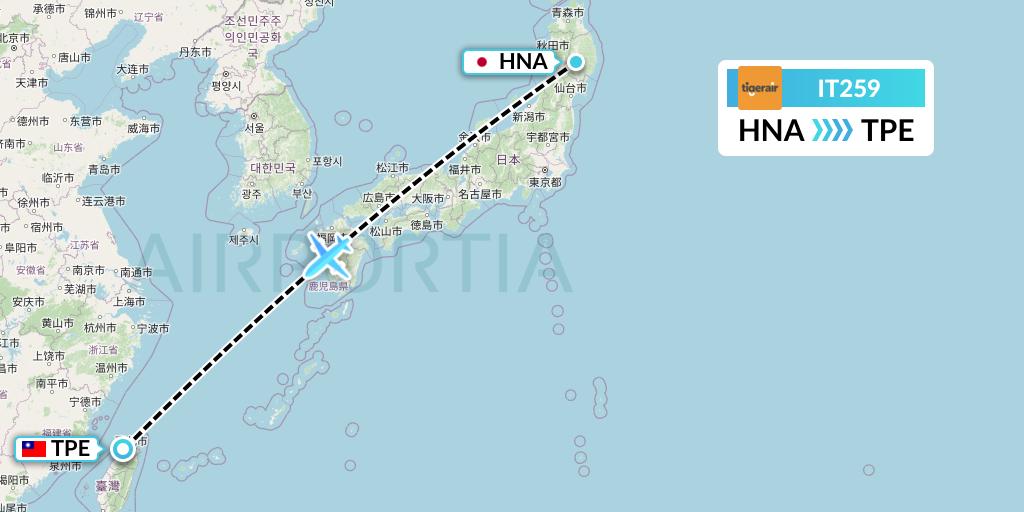 IT259 Tigerair Taiwan Flight Map: Hanamaki to Taipei