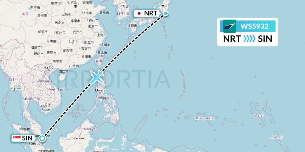 WS5932 WestJet Flight Map: Tokyo to Singapore