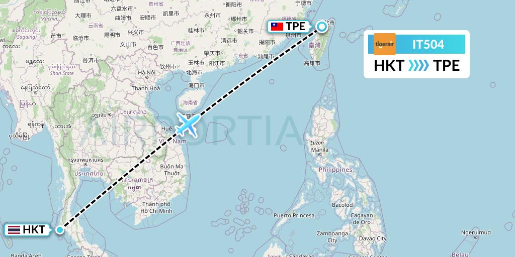 IT504 Tigerair Taiwan Flight Map: Phuket to Taipei