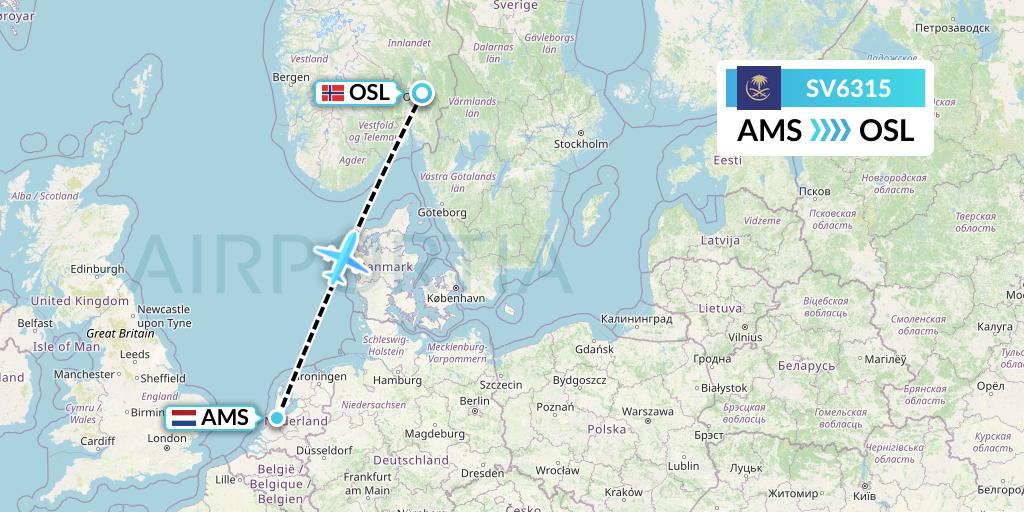 SV6315 Saudi Arabian Airlines Flight Map: Amsterdam to Oslo