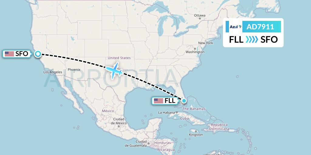 AD7911 Azul Brazilian Airlines Flight Map: Fort Lauderdale to San Francisco