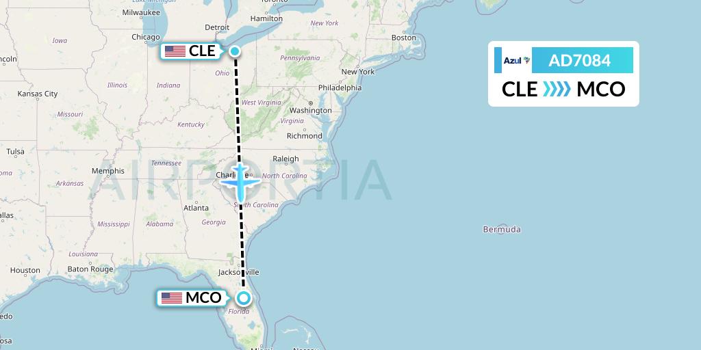 AD7084 Azul Brazilian Airlines Flight Map: Cleveland to Orlando
