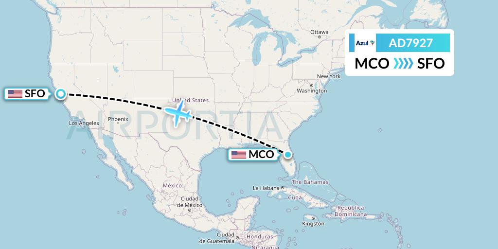 AD7927 Azul Brazilian Airlines Flight Map: Orlando to San Francisco