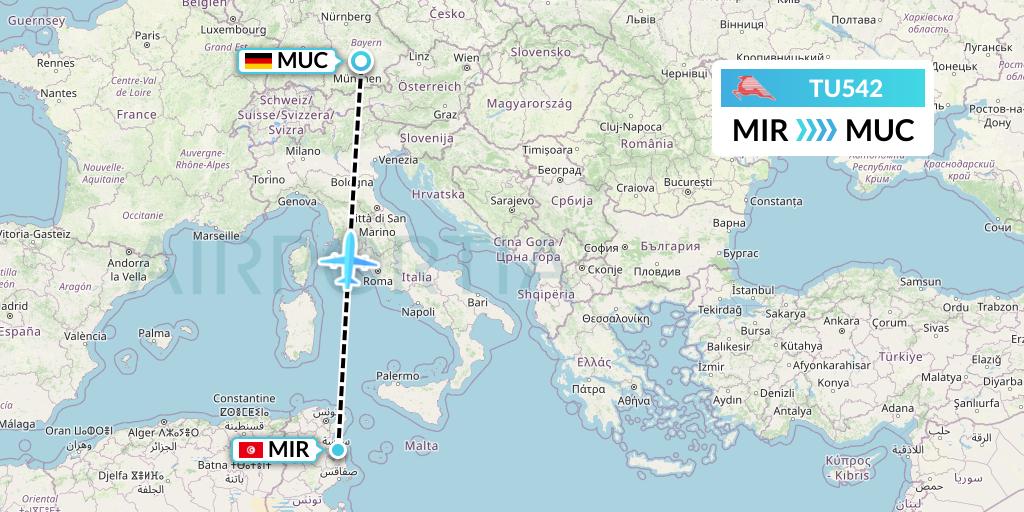 TU542 Tunisair Flight Map: Monastir to Munich