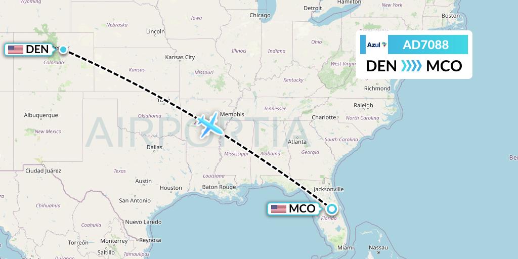 AD7088 Azul Brazilian Airlines Flight Map: Denver to Orlando