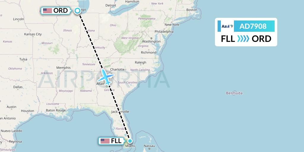 AD7908 Azul Brazilian Airlines Flight Map: Fort Lauderdale to Chicago