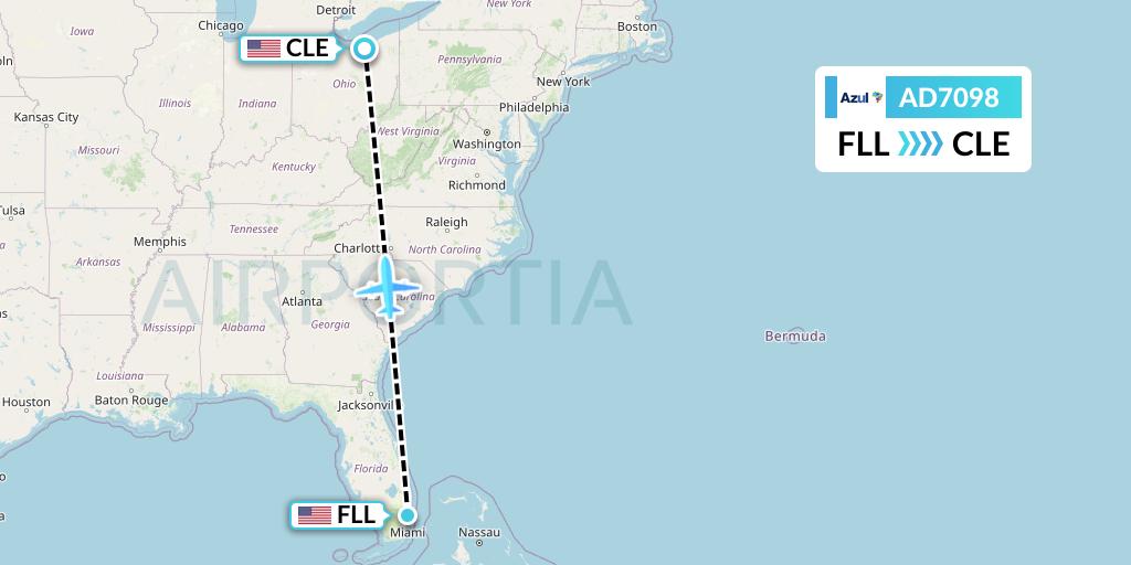 AD7098 Azul Brazilian Airlines Flight Map: Fort Lauderdale to Cleveland