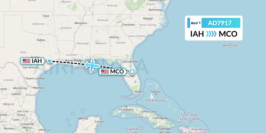 AD7917 Azul Brazilian Airlines Flight Map: Houston to Orlando