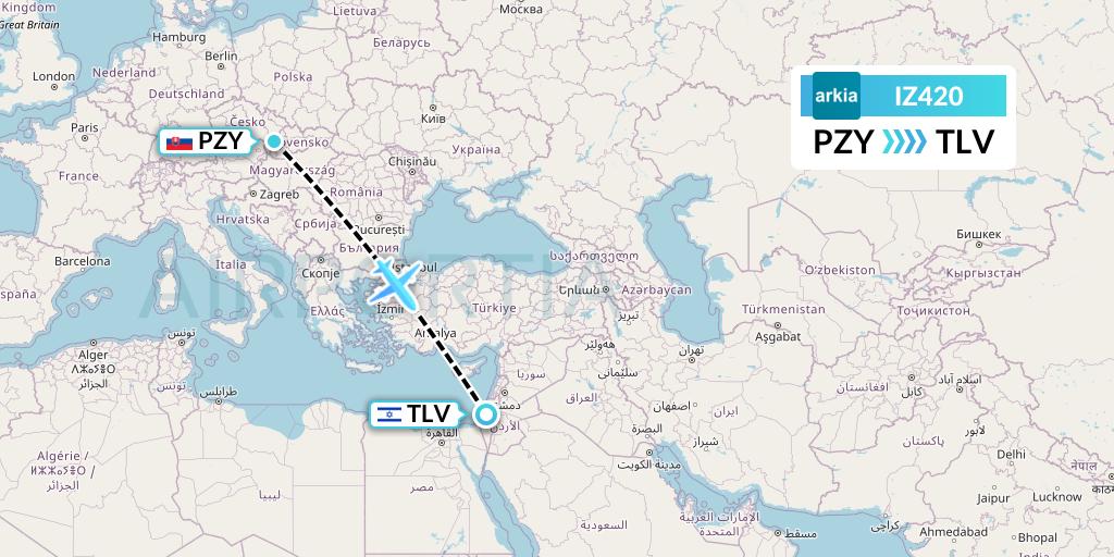 IZ420 Arkia Israeli Airlines Flight Map: Piestany to Tel Aviv
