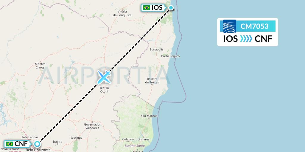 CM7053 Copa Airlines Flight Map: Ilheus to Belo Horizonte