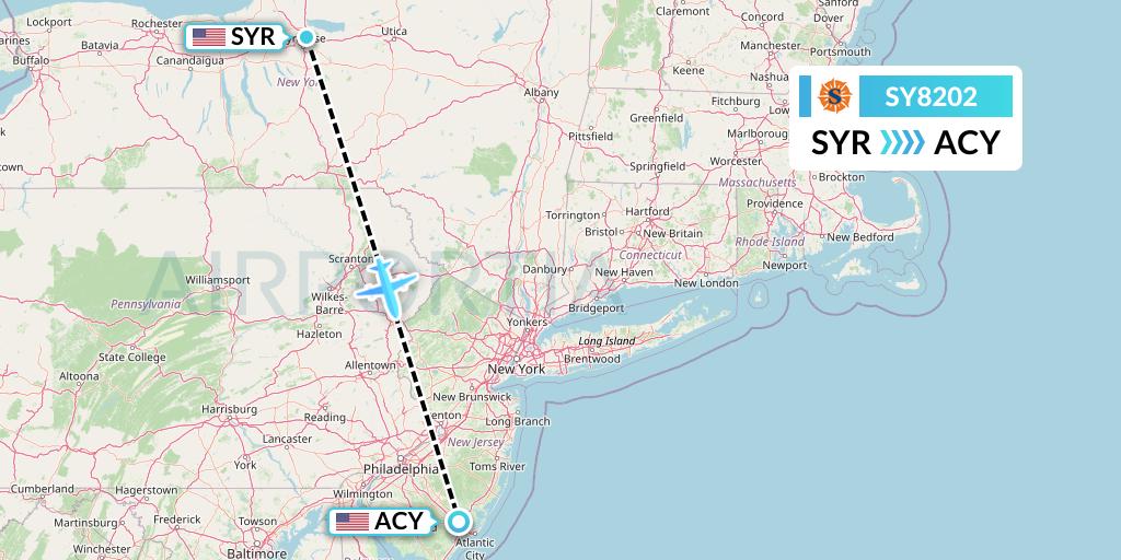 SY8202 Sun Country Airlines Flight Map: Syracuse to Atlantic City