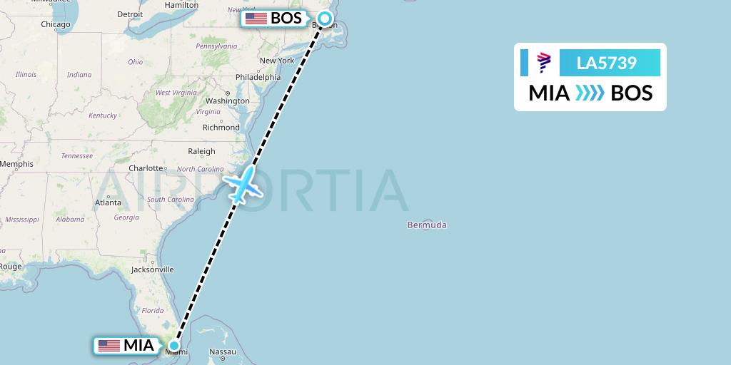 LA5739 LAN Airlines Flight Map: Miami to Boston