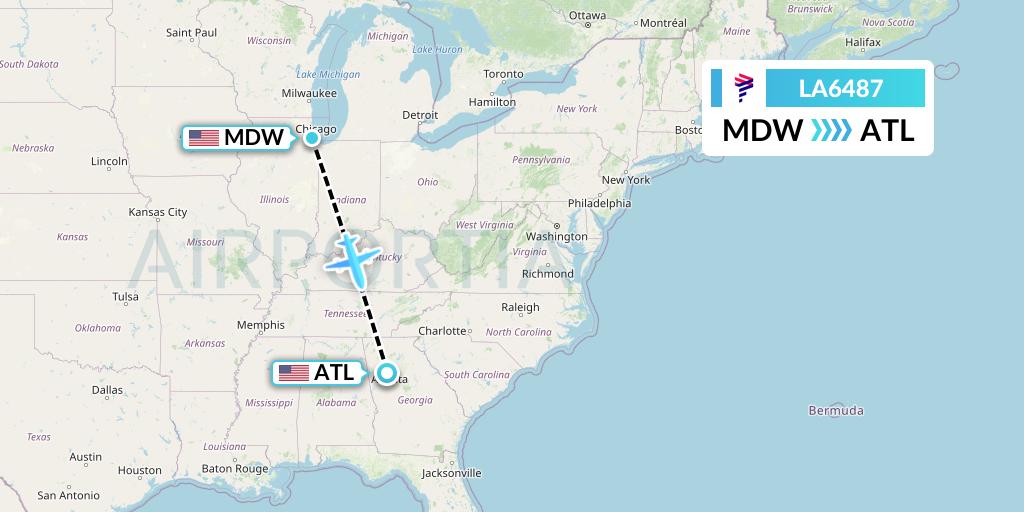 LA6487 LAN Airlines Flight Map: Chicago to Atlanta