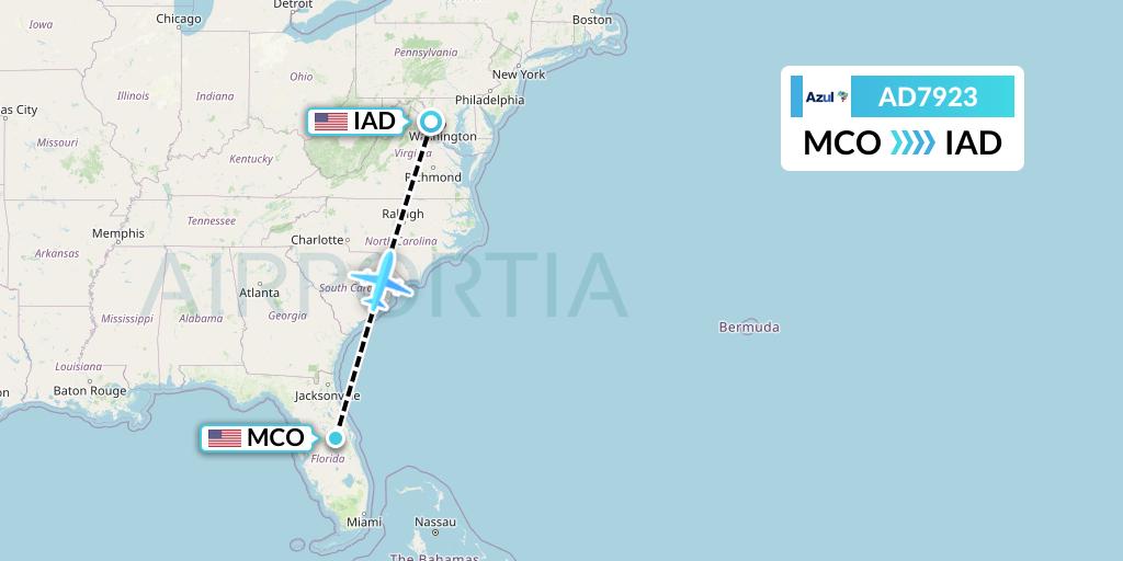 AD7923 Azul Brazilian Airlines Flight Map: Orlando to Washington