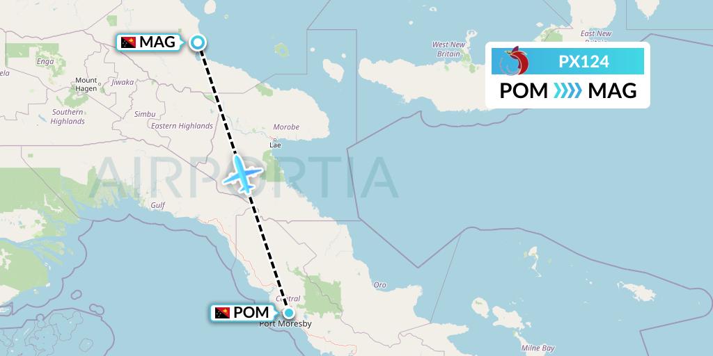 PX124 Air Niugini Flight Map: Port Moresby to Madang