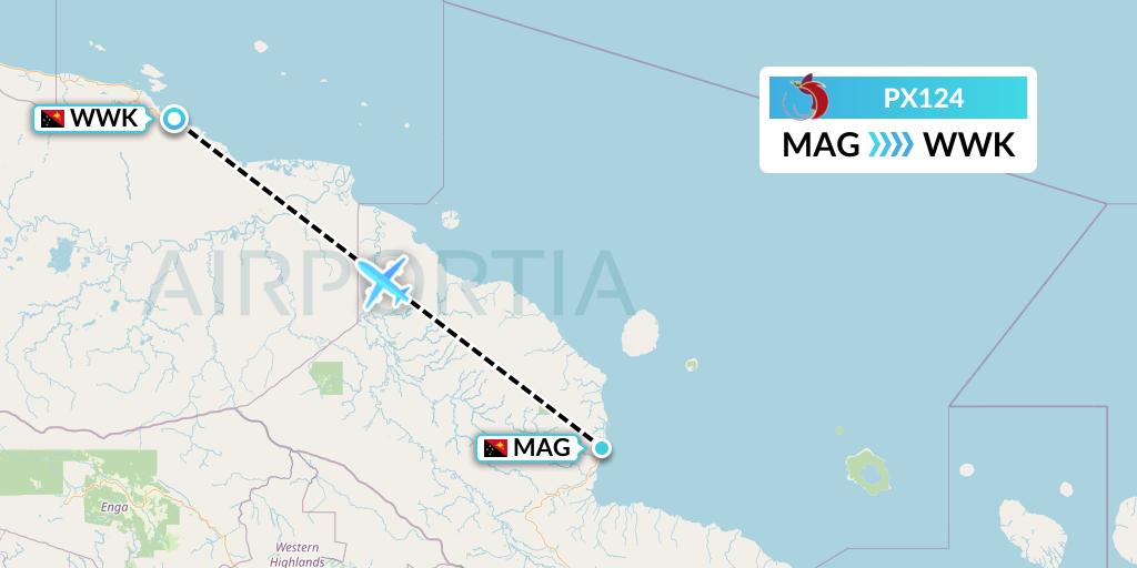 PX124 Air Niugini Flight Map: Madang to Wewak