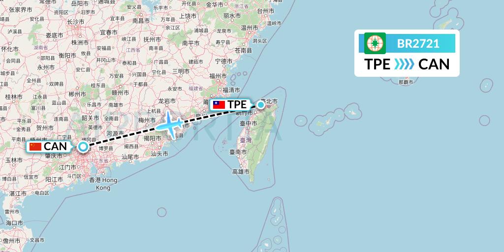 BR2721 EVA Air Flight Map: Taipei to Guangzhou
