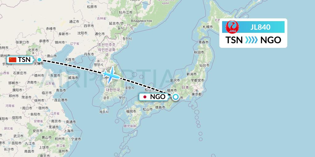 JL840 Japan Airlines Flight Map: Tianjin to Nagoya