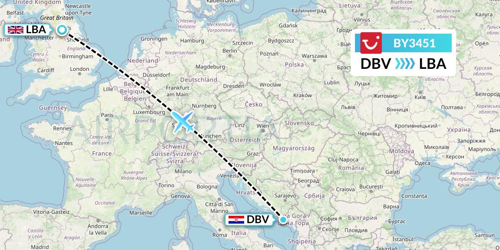 BY3451 TUI Airways Flight Map: Dubrovnik to Leeds