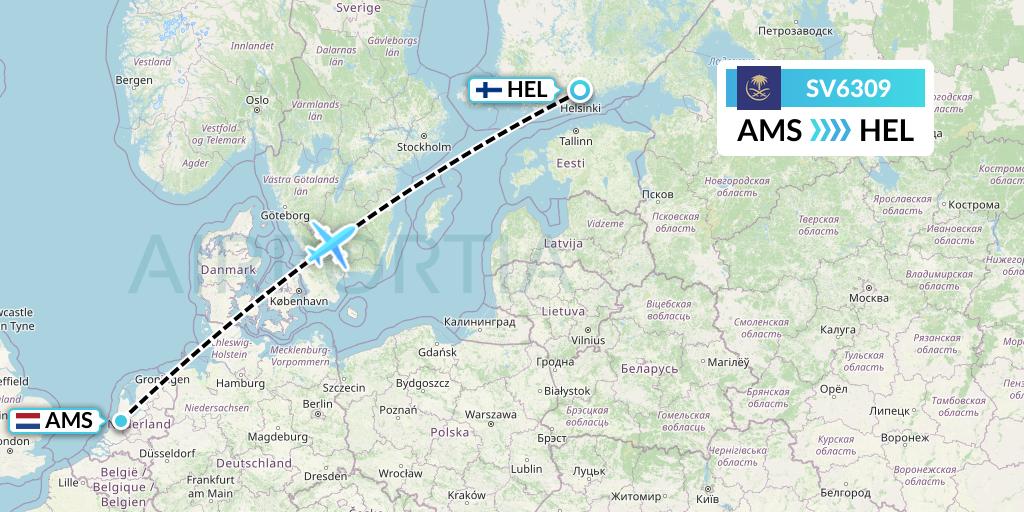 SV6309 Saudi Arabian Airlines Flight Map: Amsterdam to Helsinki