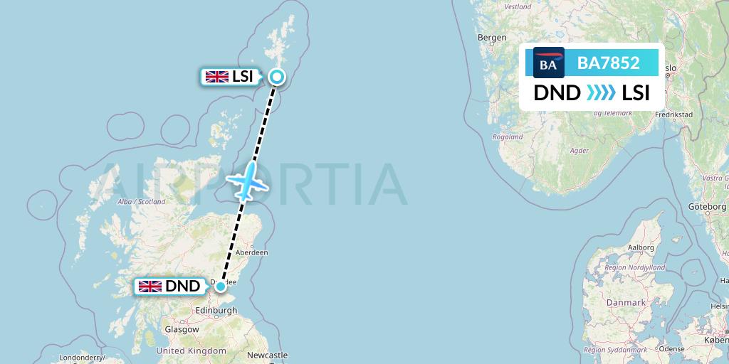 BA7852 British Airways Flight Map: Dundee to Sumburgh