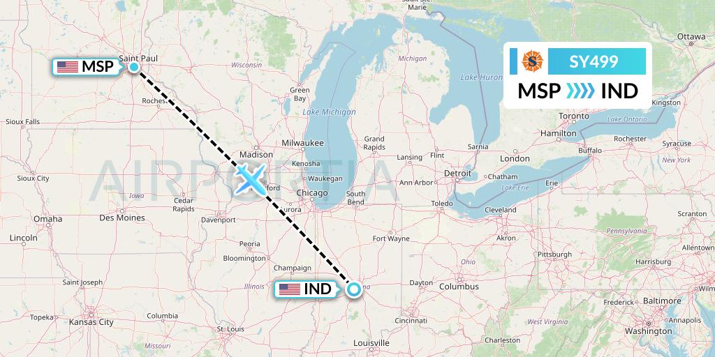 SY499 Sun Country Airlines Flight Map: Minneapolis to Indianapolis