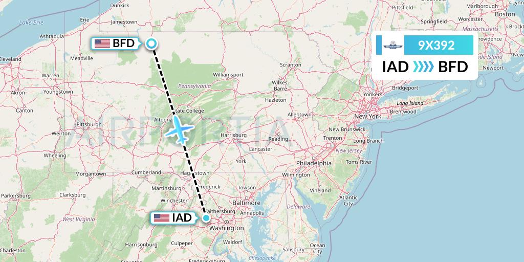 9X392 Southern Airways Express Flight Map: Washington to Bradford