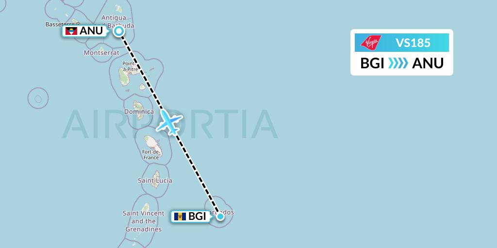 VS185 Virgin Atlantic Airways Flight Map: Bridgetown to Antigua