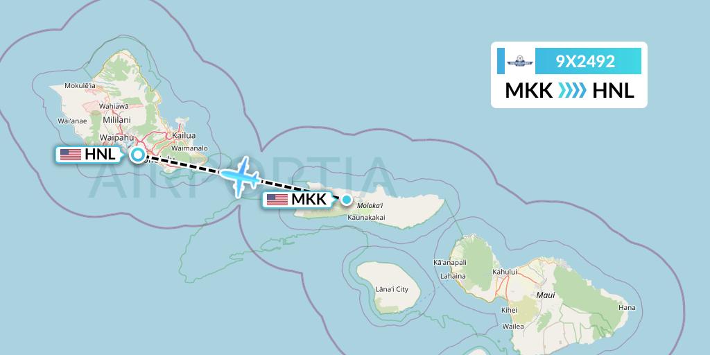 9X2492 Southern Airways Express Flight Map: Kaunakakai to Honolulu