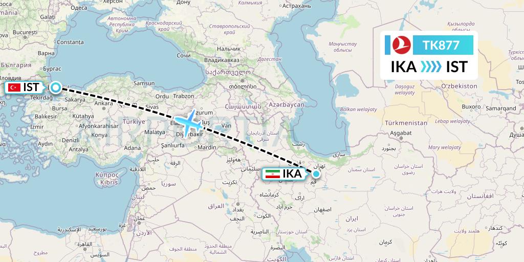 TK877 Turkish Airlines Flight Map: Tehran to Istanbul