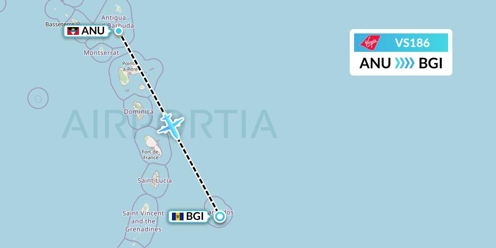 VS186 Virgin Atlantic Airways Flight Map: Antigua to Bridgetown