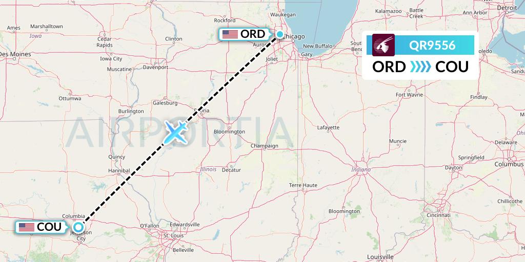 QR9556 Qatar Airways Flight Map: Chicago to Columbia