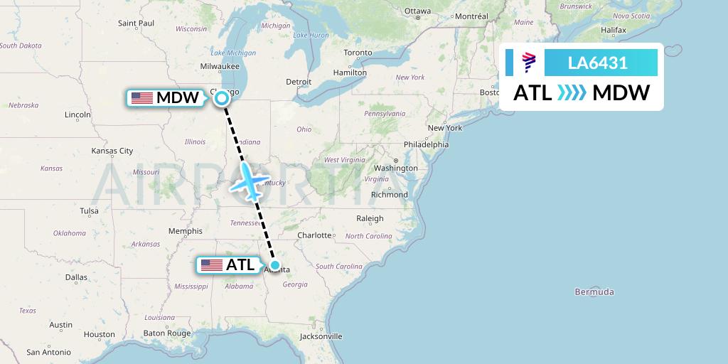 LA6431 LAN Airlines Flight Map: Atlanta to Chicago
