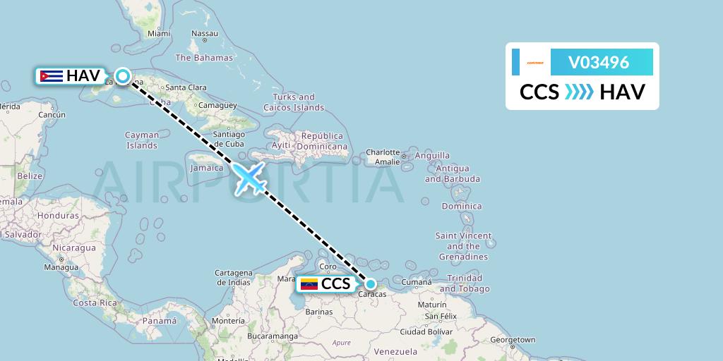 V03496 Conviasa Flight Map: Caracas to Havana