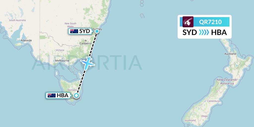 QR7210 Qatar Airways Flight Map: Sydney to Hobart