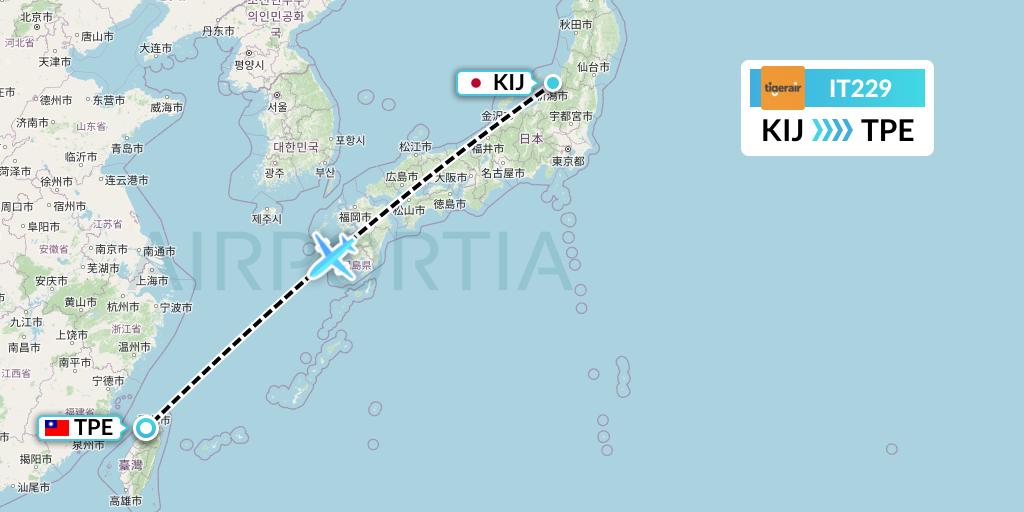 IT229 Tigerair Taiwan Flight Map: Niigata to Taipei
