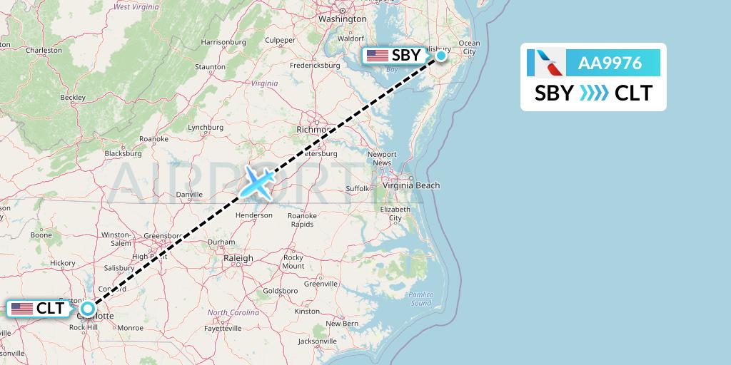 AA9976 American Airlines Flight Map: Salisbury to Charlotte