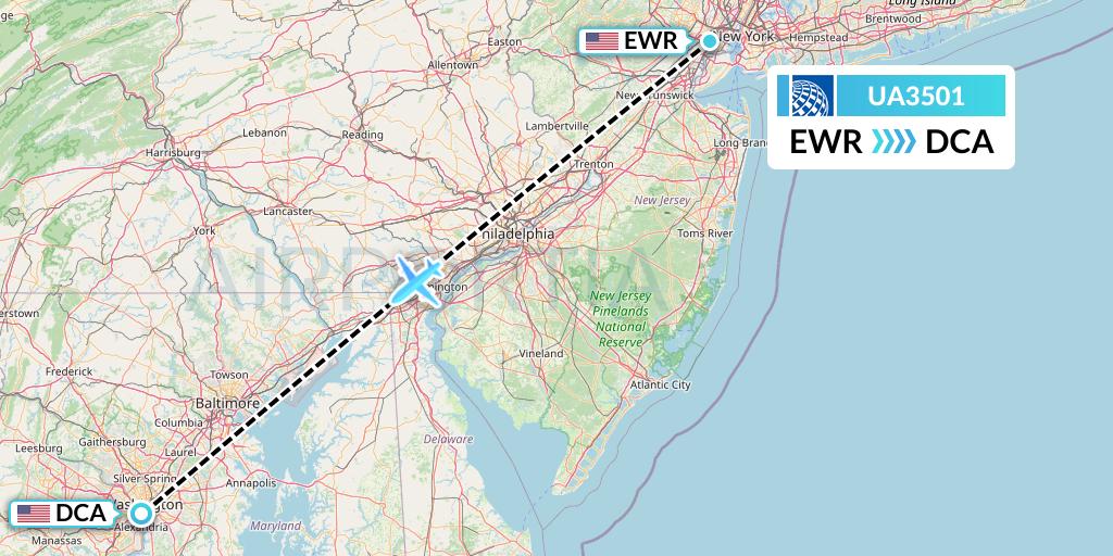 UA3501 United Airlines Flight Map: New York to Washington