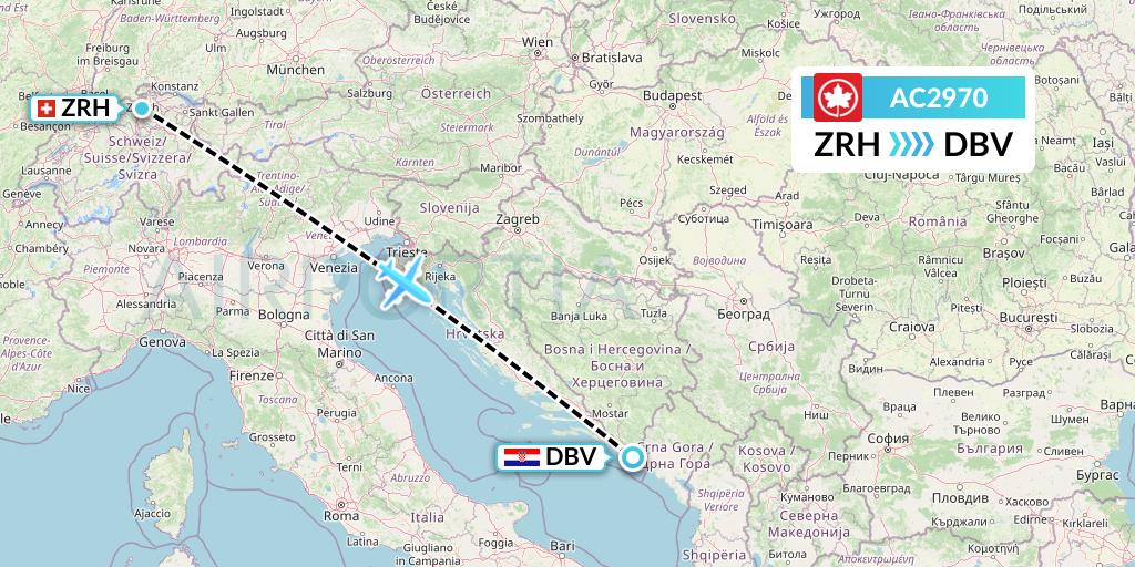 AC2970 Air Canada Flight Map: Zurich to Dubrovnik